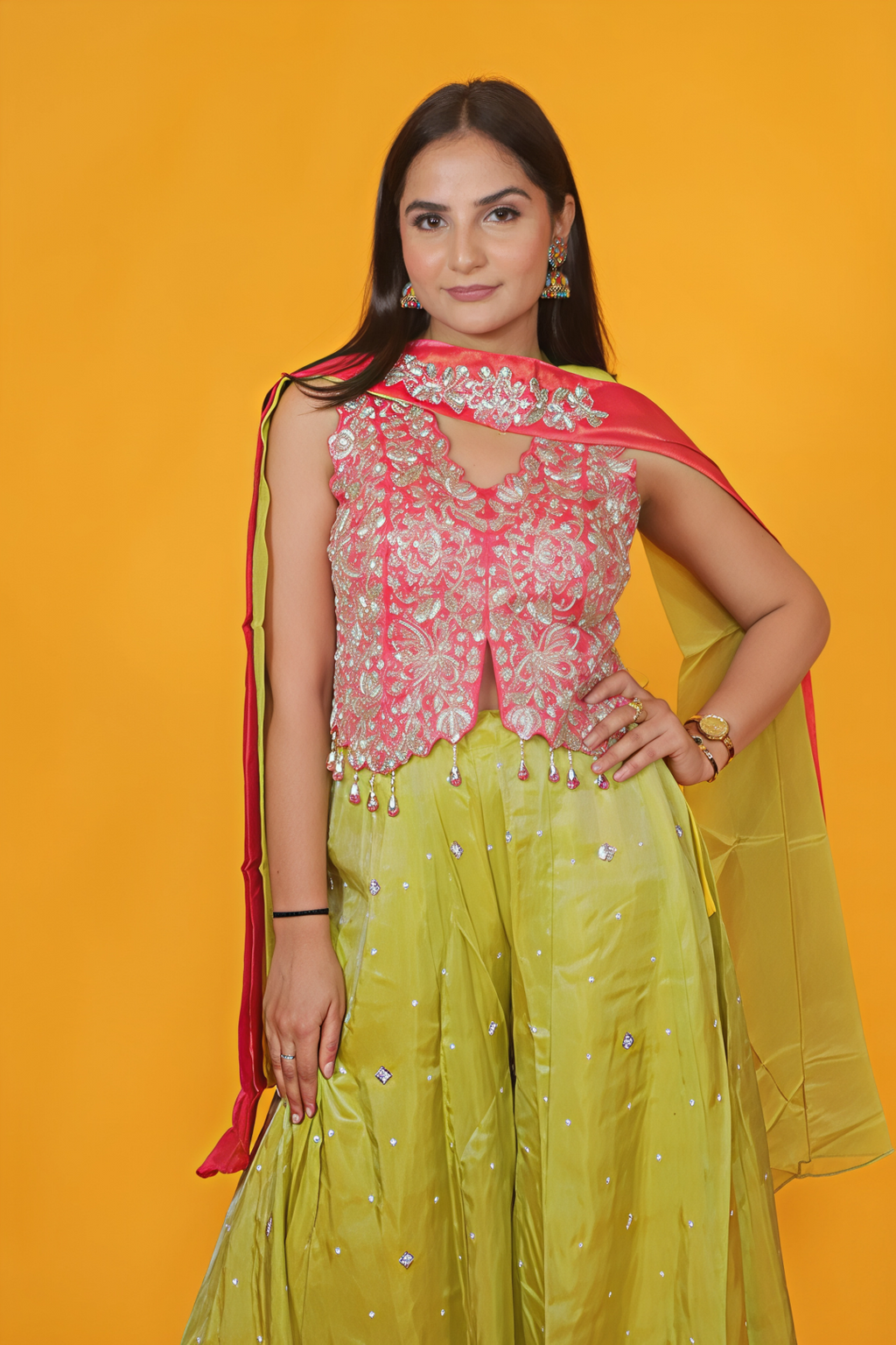 Pink Mosh Silk Blouse with Handwork, and Lime Green Sharara & Dupatta