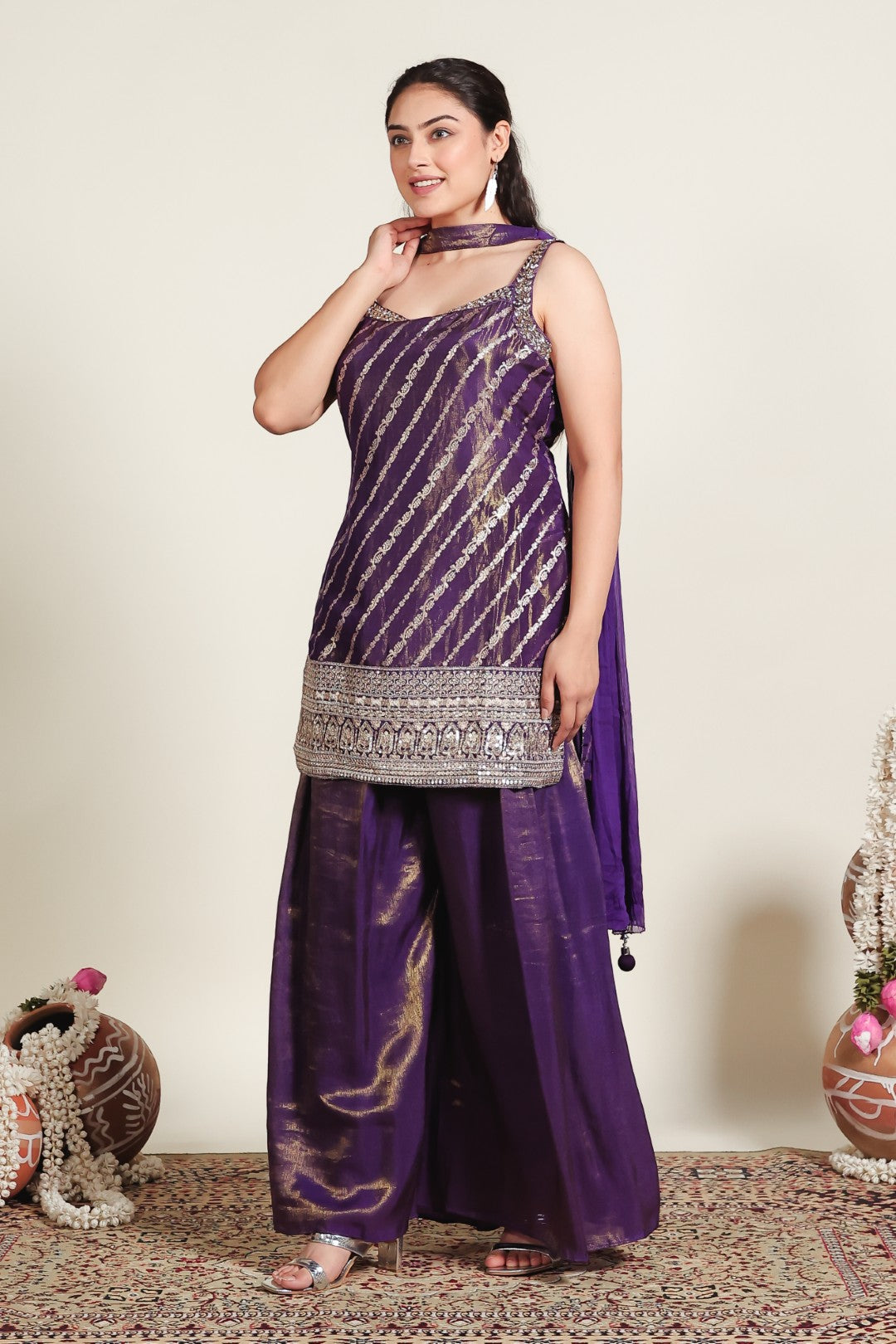 Purple Mosh Silk Suit with Banarsi Print Handwork, Sharara & Dupatta
