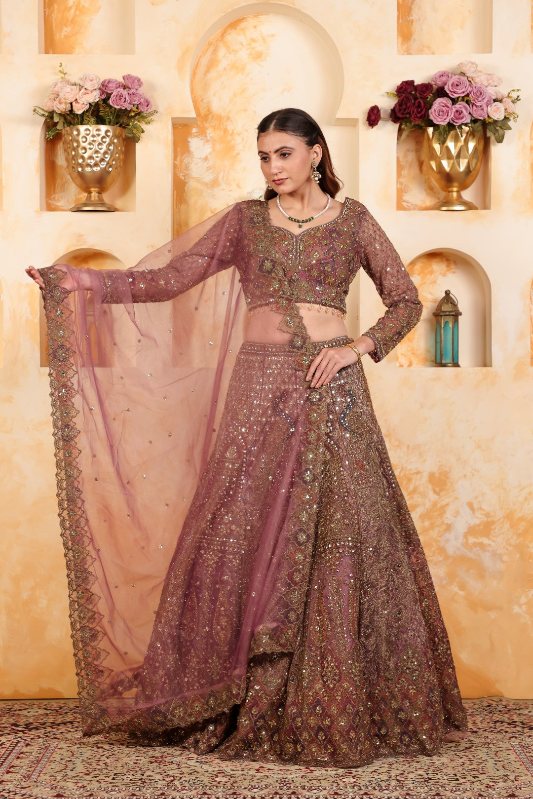 Dried Lavender Twill Net Lehenga with Heavy Zari Work, Blouse & Dupatta