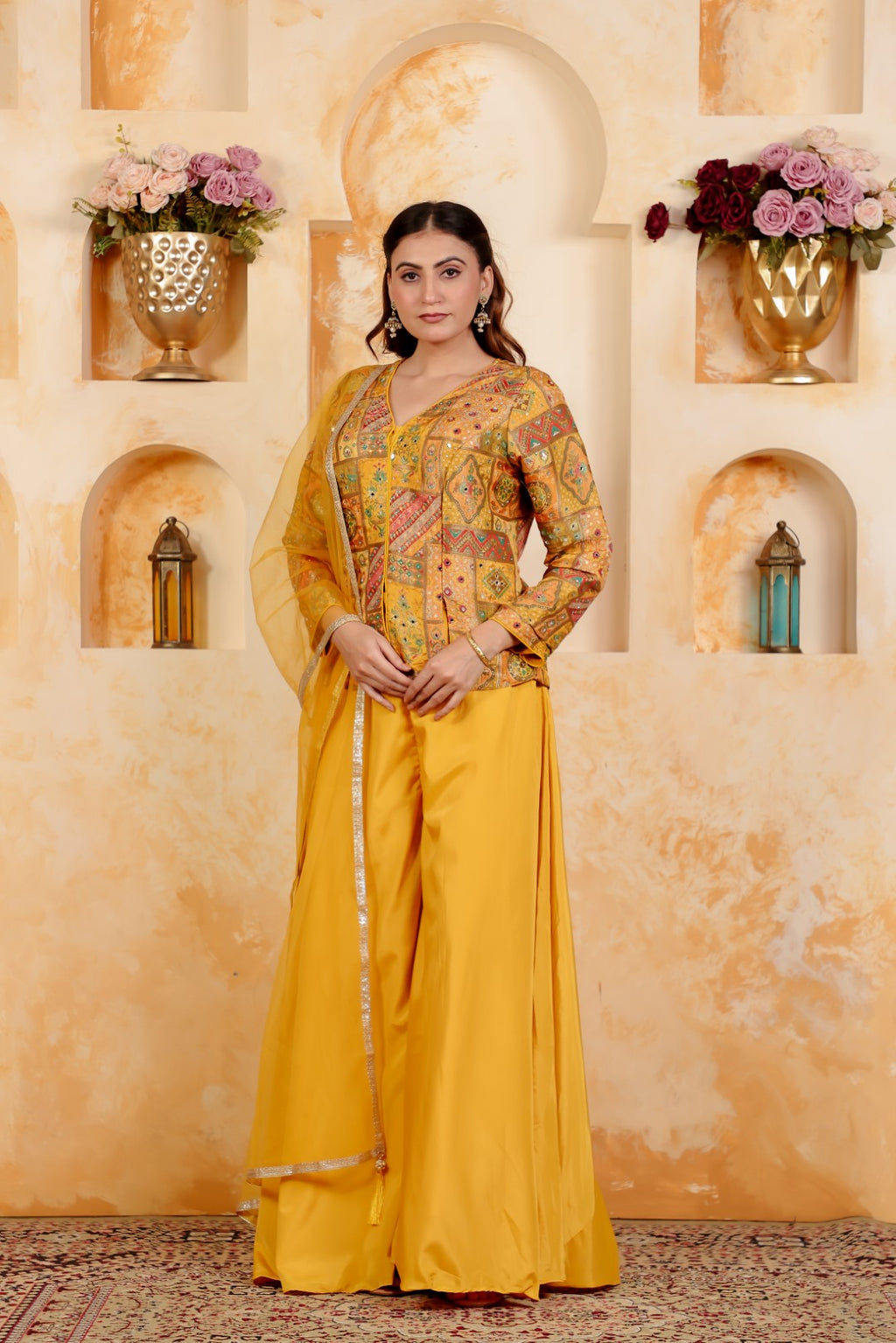 Yellow Silk Position Printed Top, with Sharara & Dupatta