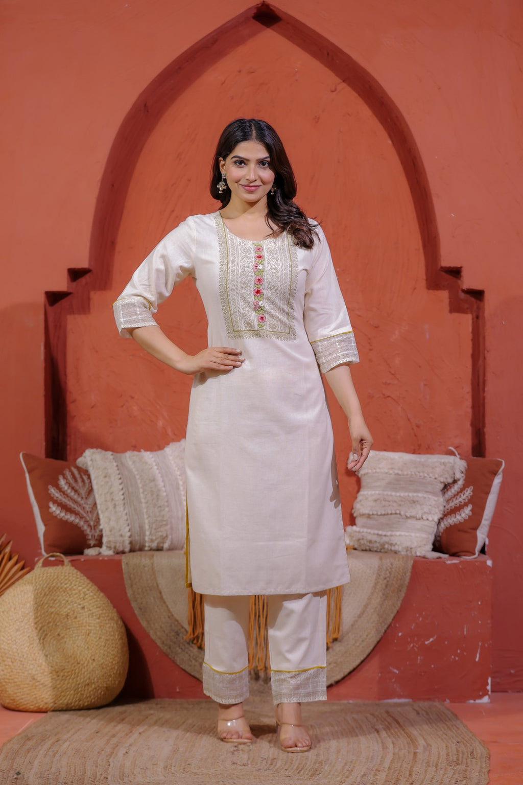 Off White Khadi Cotton Suit with Embroidered, Bottom & Dupatta