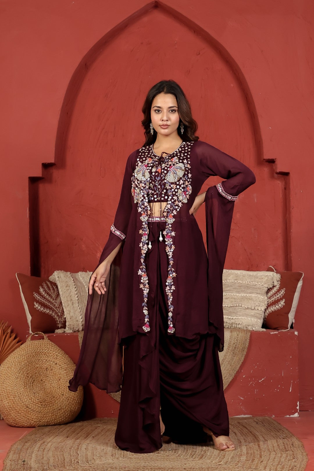 Wine Chinon Blouse with Handwork, Dhoti & Shrug