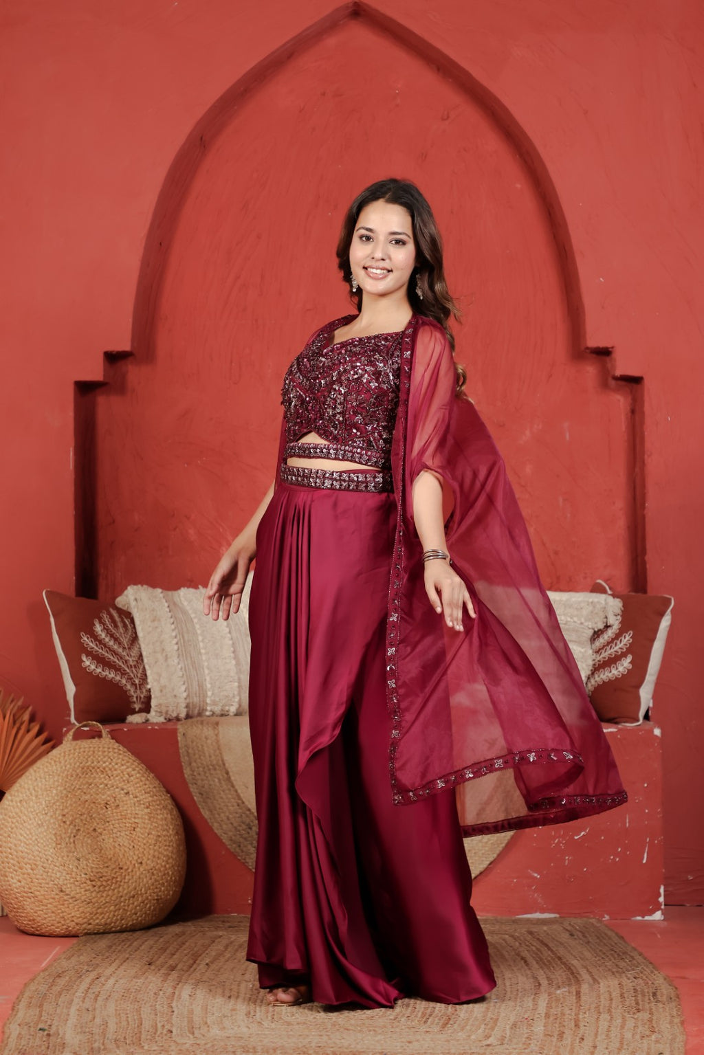 Maroon Satin Silk Dhoti Set with Handwork Blouse, Shrug & Belt