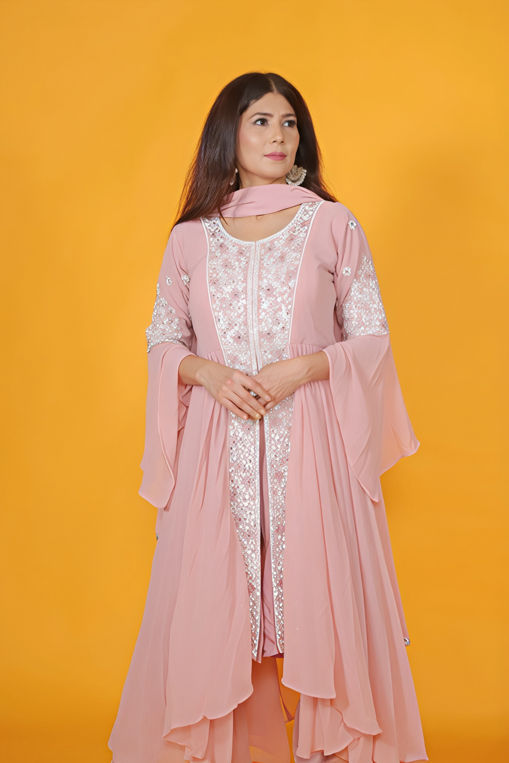 Peach Georgette Top with Thread Work, Bottom & Dupatta