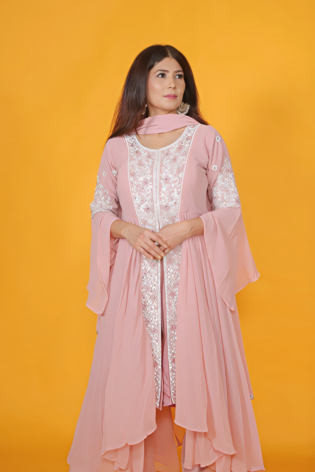 Peach Georgette Top with Thread Work, Bottom & Dupatta