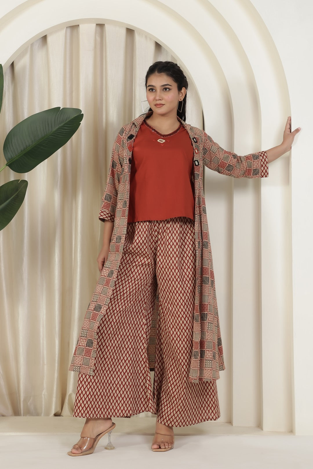 Rust Cambric Cotton Top with Mirror Work, and Block Print Pant & Jacket Shrug
