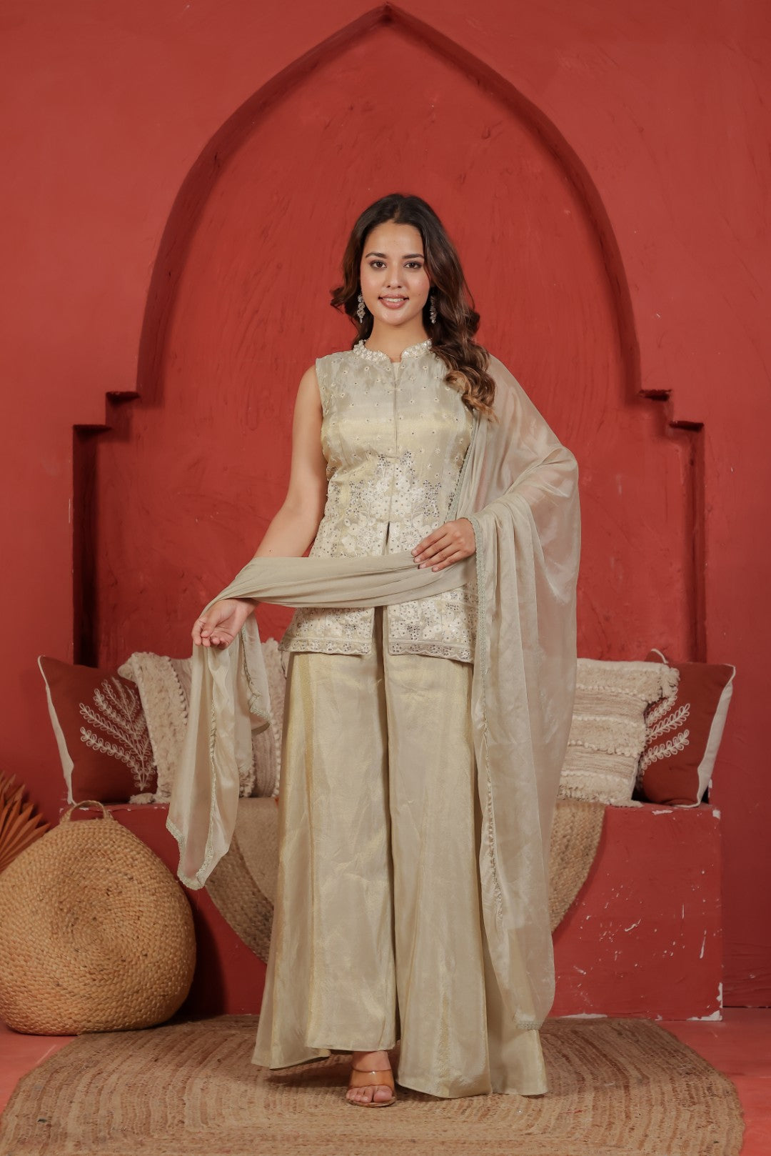 Beige Mosh Silk Jacket with Thread & Stone Work, Palazzo & Dupatta