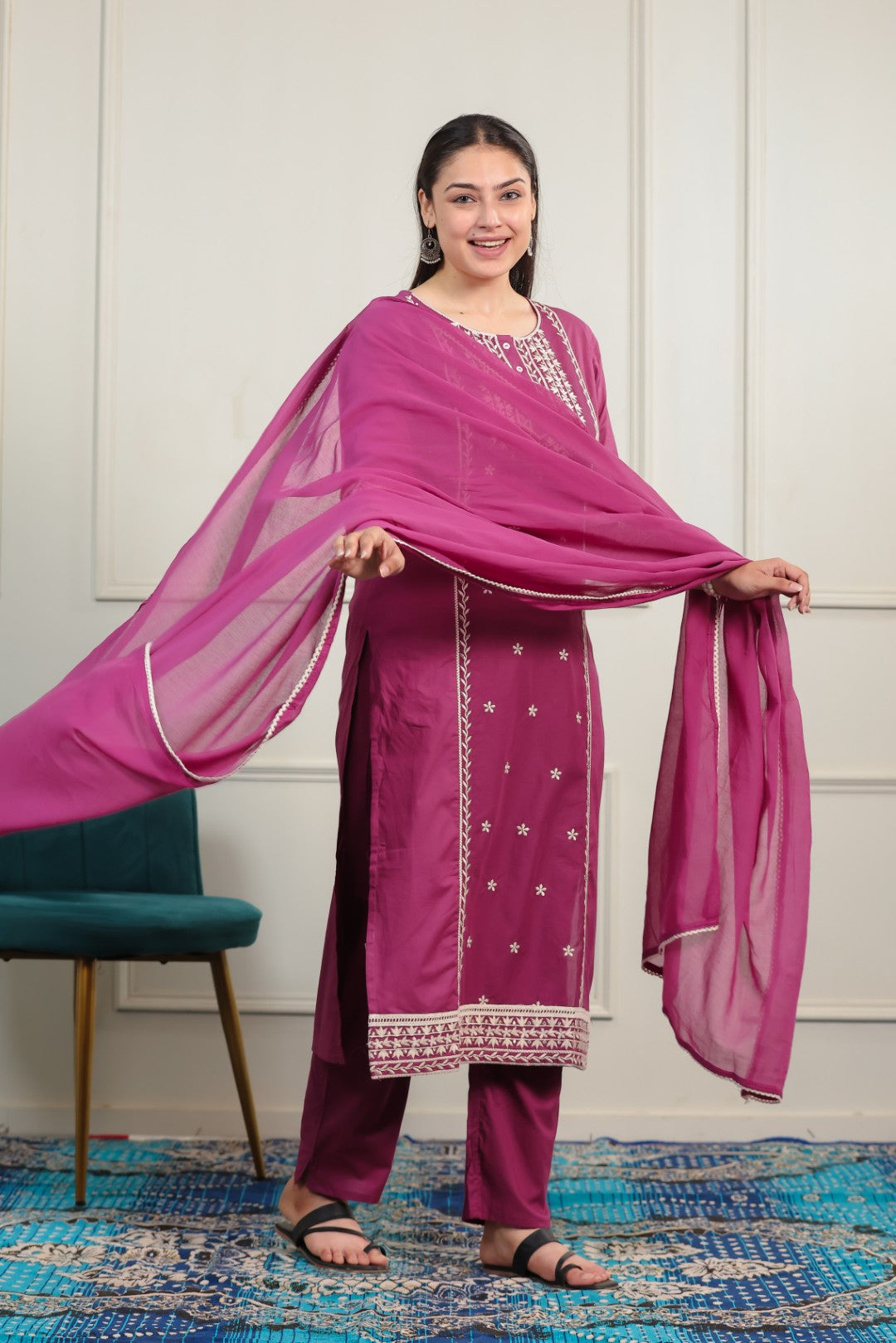 Purple Pink Cotton Suit with Fine Thread Work, Bottom & Dupatta