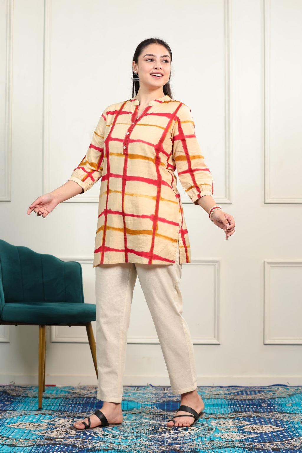 Beige Cambric Cotton with Block Prints Short Kurti