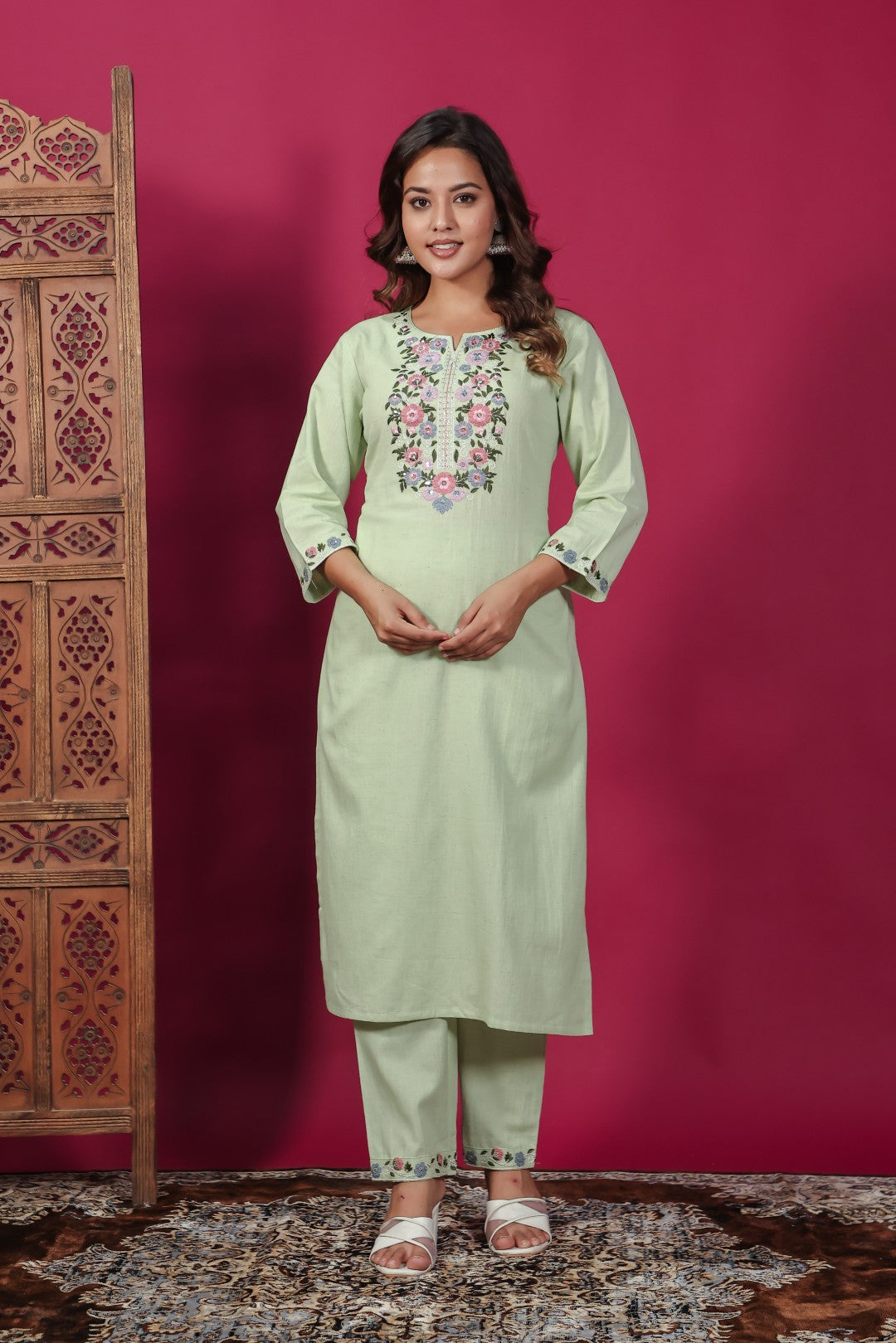 Pista Green Linen Cotton Suit with Thread Embroidery, Bottom & Dupatta