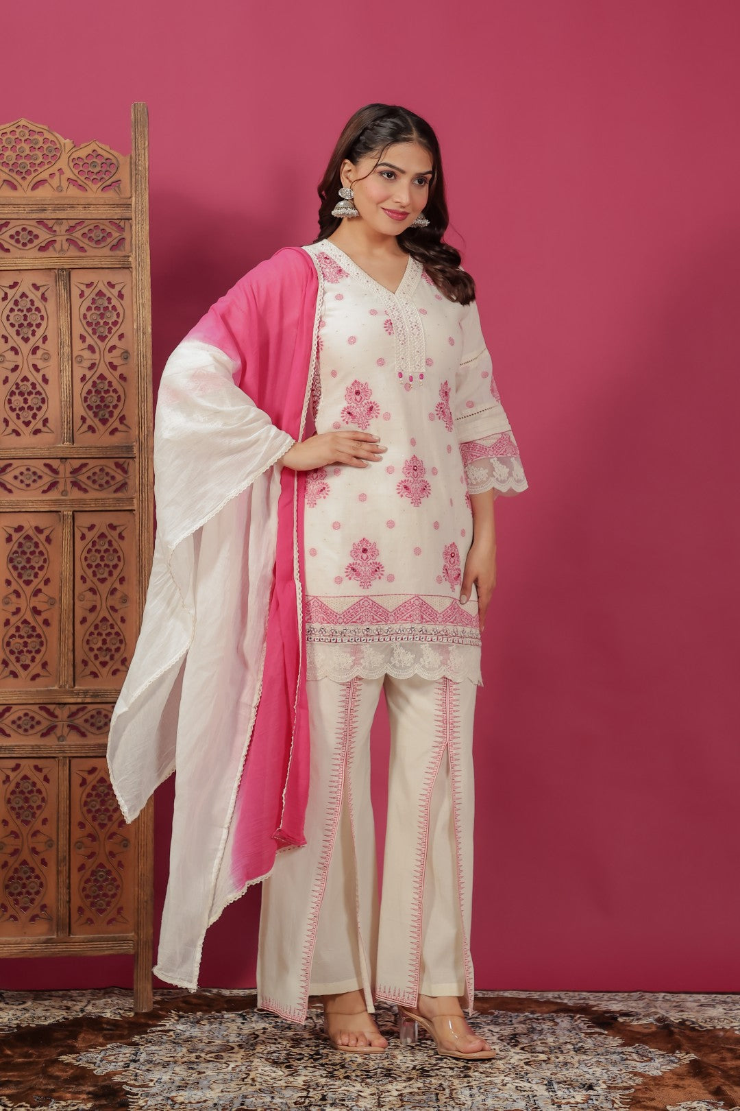 Off White Cotton Jacquard Work Co-ord Set with Dupatta