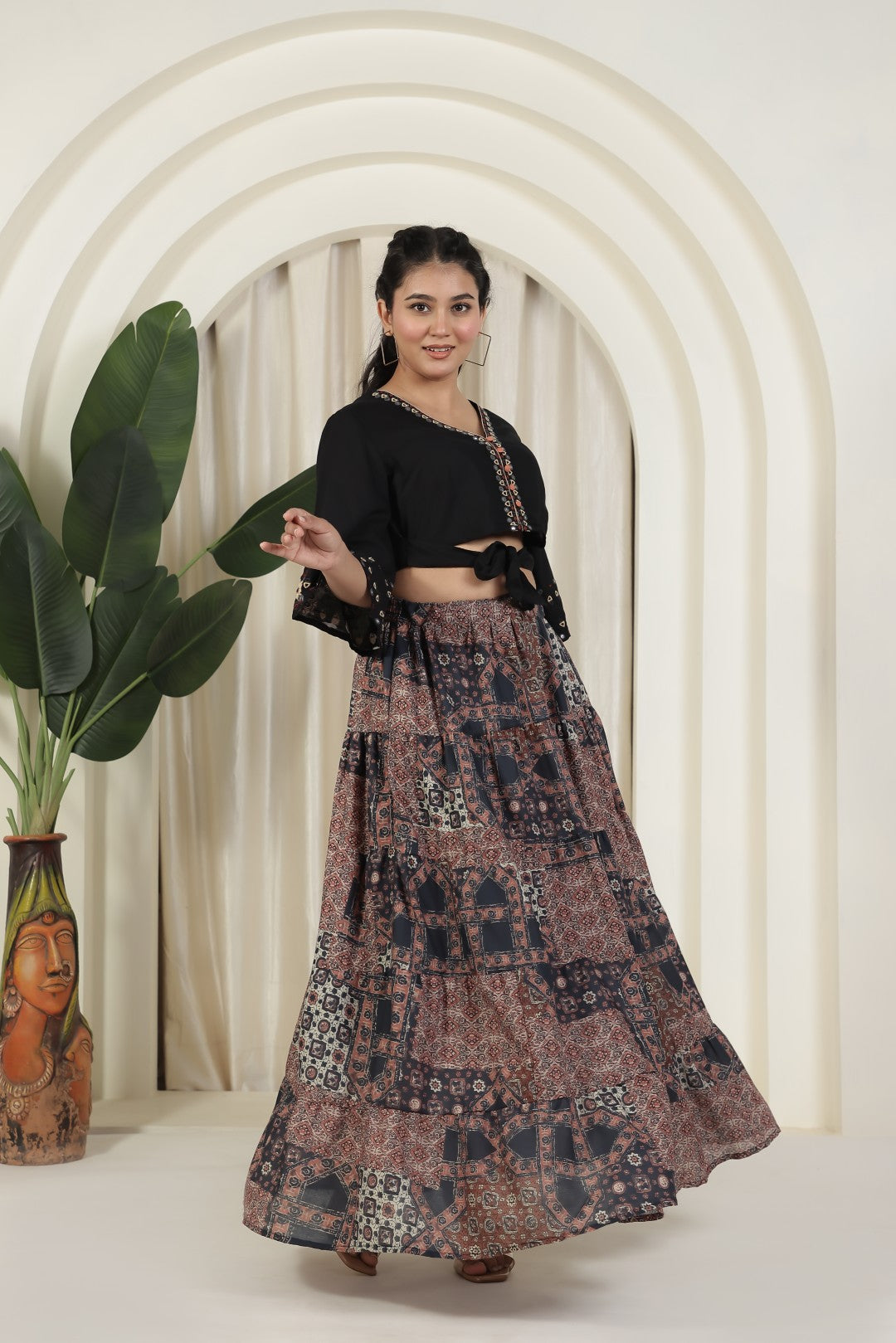 Black Rayon Cotton Top with Thread Work and Printed Skirt