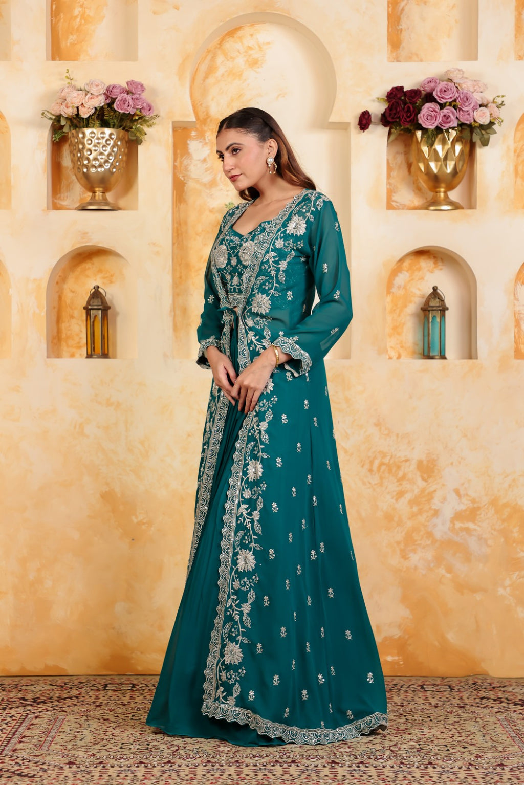Rama Green Georgette Blouse with Thread & Stone Work, Lehenga & Long jacket Shrug