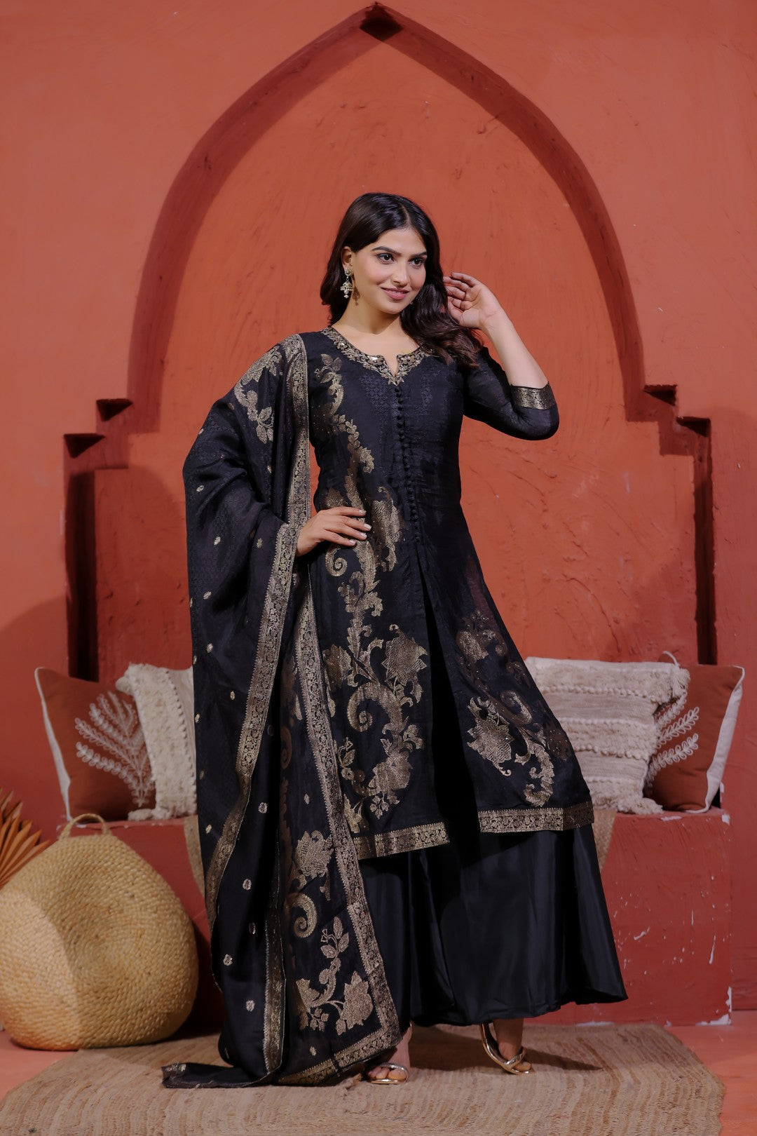 Black Jacquard Silk Banarasi Suit with Handwork, Sharara & Dupatta
