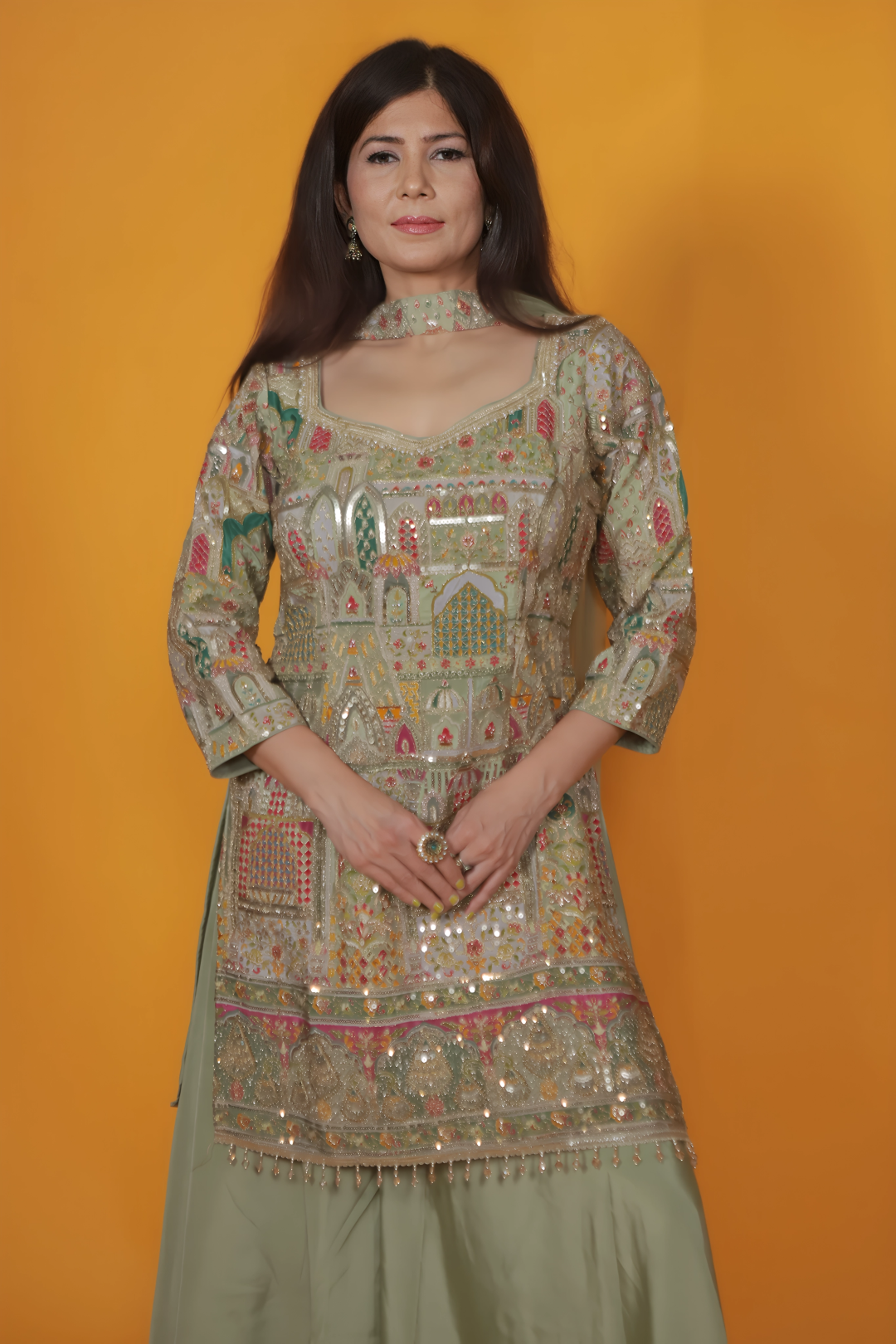 Pista Green Silk Suit with Full Zari Work, Sharara & Dupatta