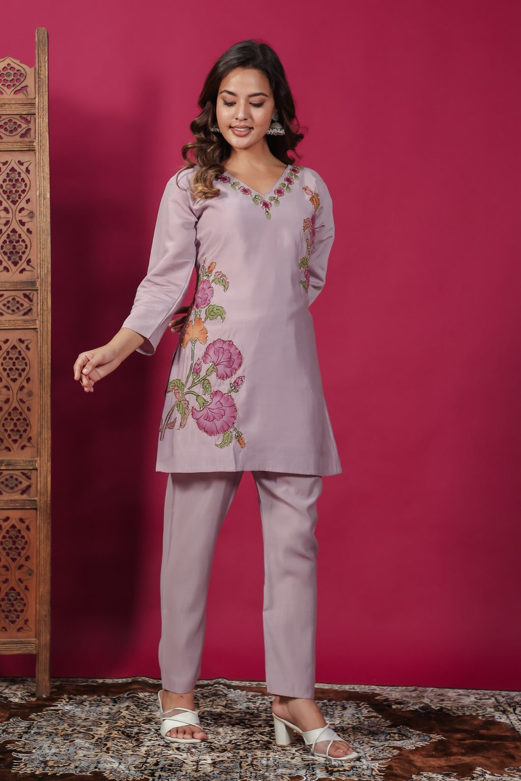 Light Lavender Muslin with Colorful Foil Floral Printed Co-ord Set