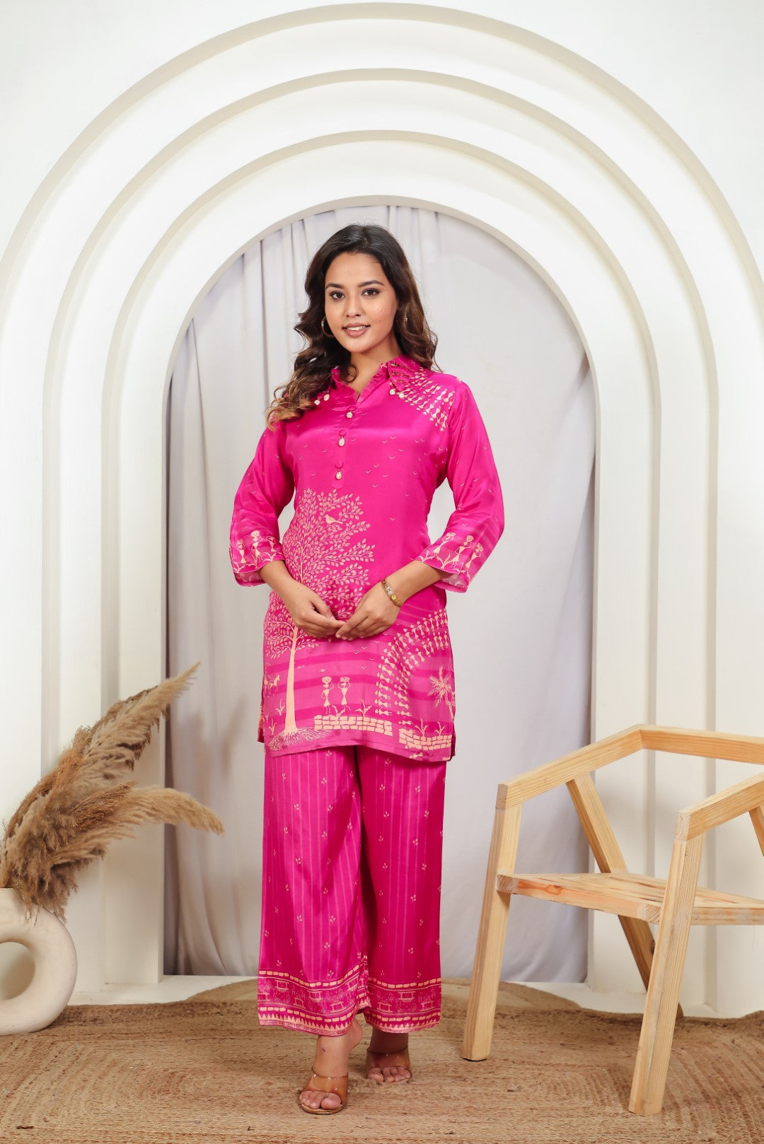 Rani Pink Silk with Tree Printed Co-ord Set