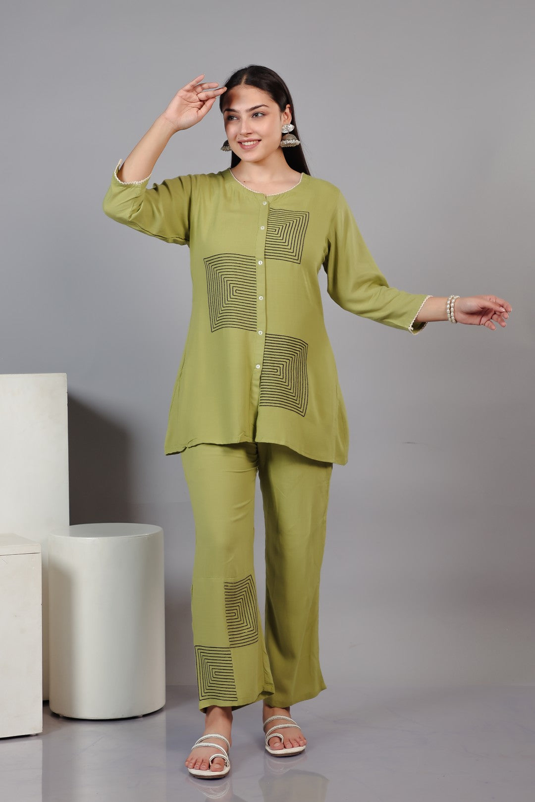 Pista Green Rayon Top with Thread Work Co-ord Set