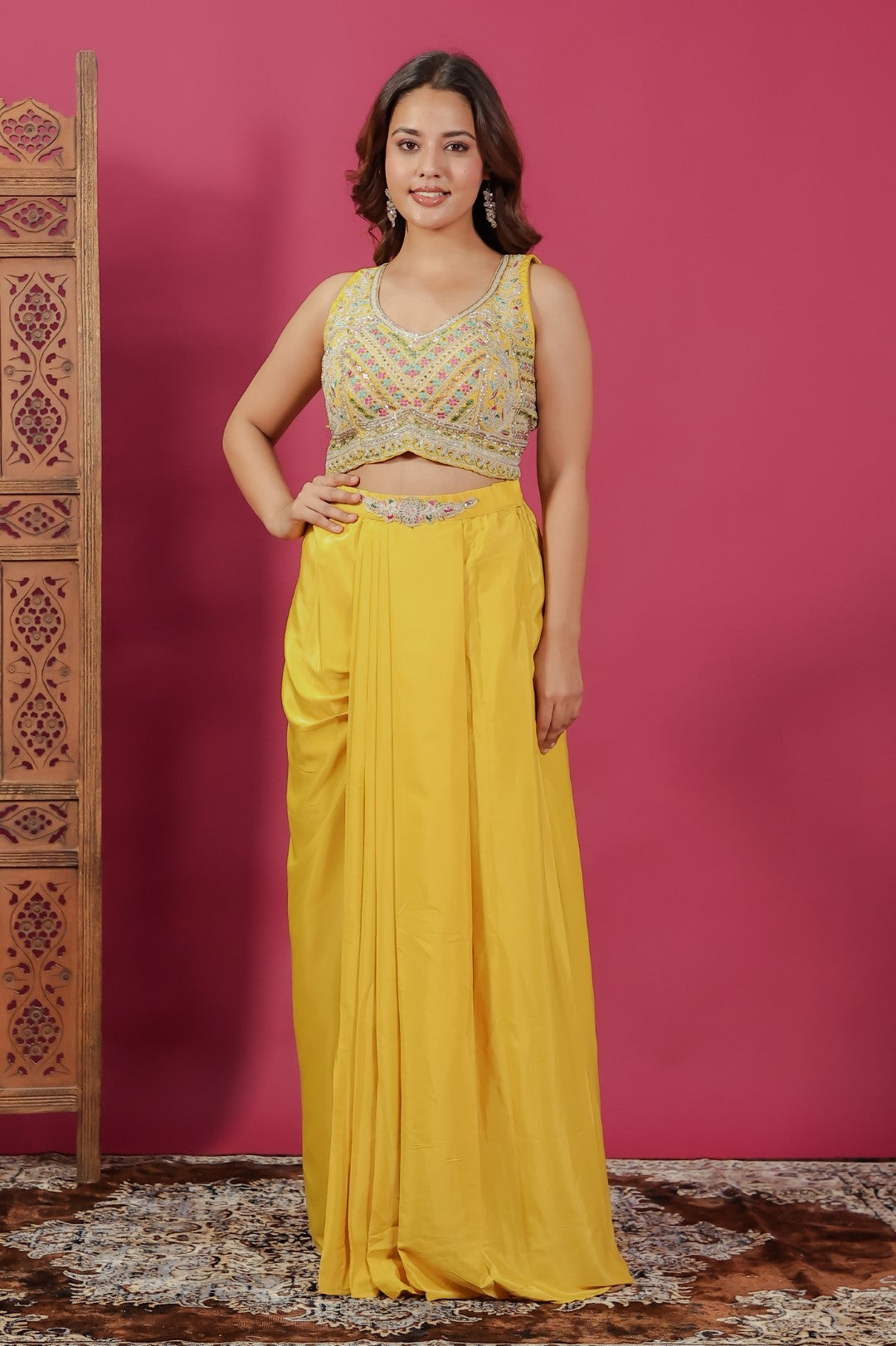 Yellow Crepe Silk Blouse with Hand & Thread Work, Sharara & Shrug
