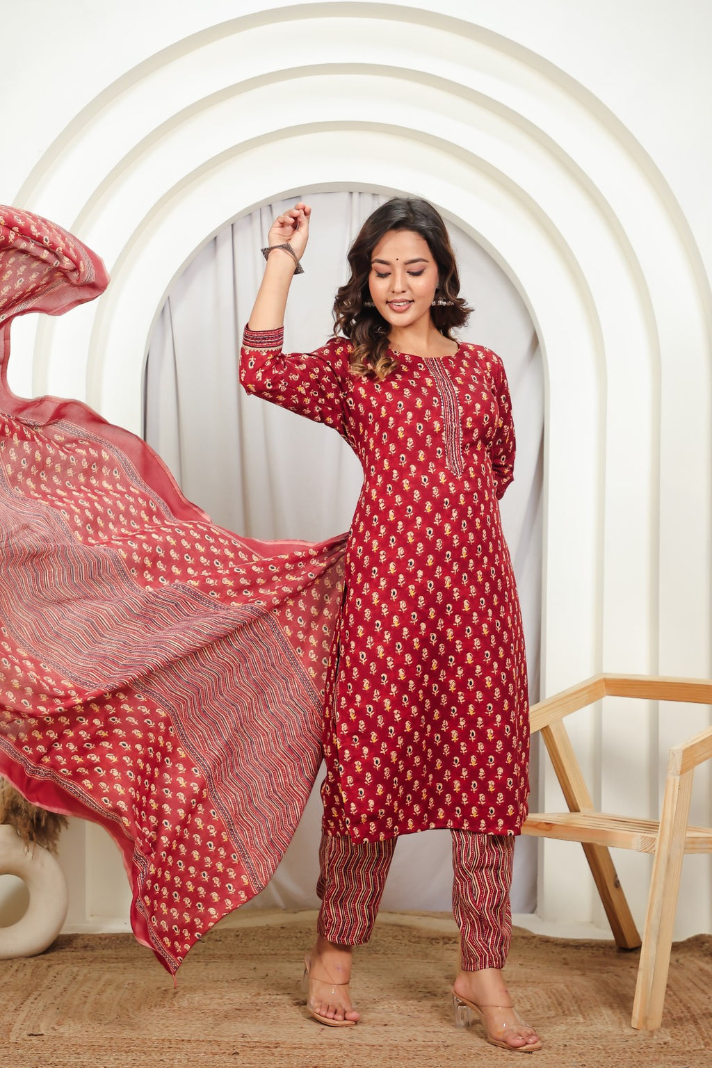 Maroon Slub Cotton Printed Suit with Lining Print Bottom & Dupatta