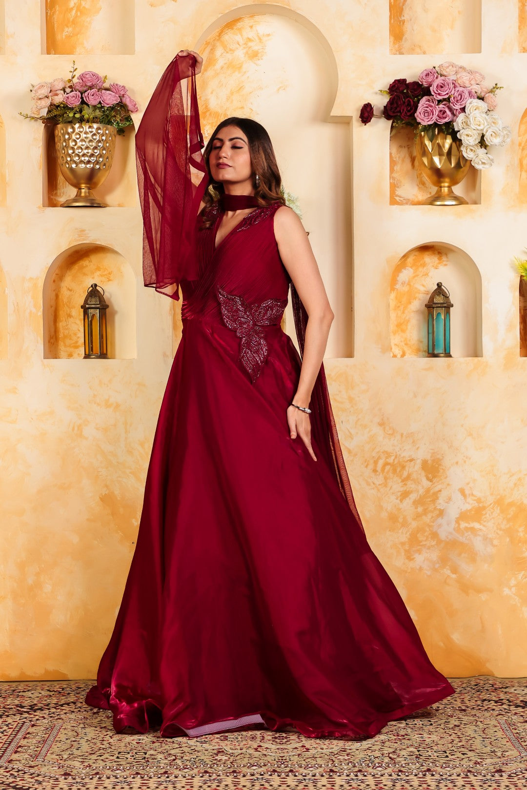 Maroon Jimmy Choo Fancy Stylish Gown & Dupatta