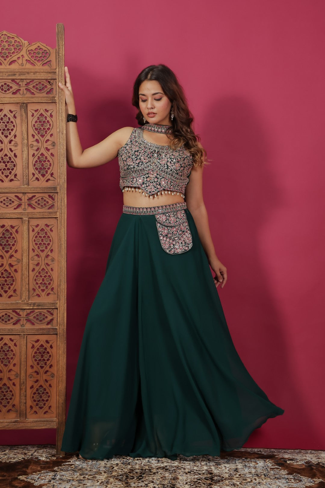 Dark Green Georgette Blouse with Heavy Zari Work, Sharara & Dupatta