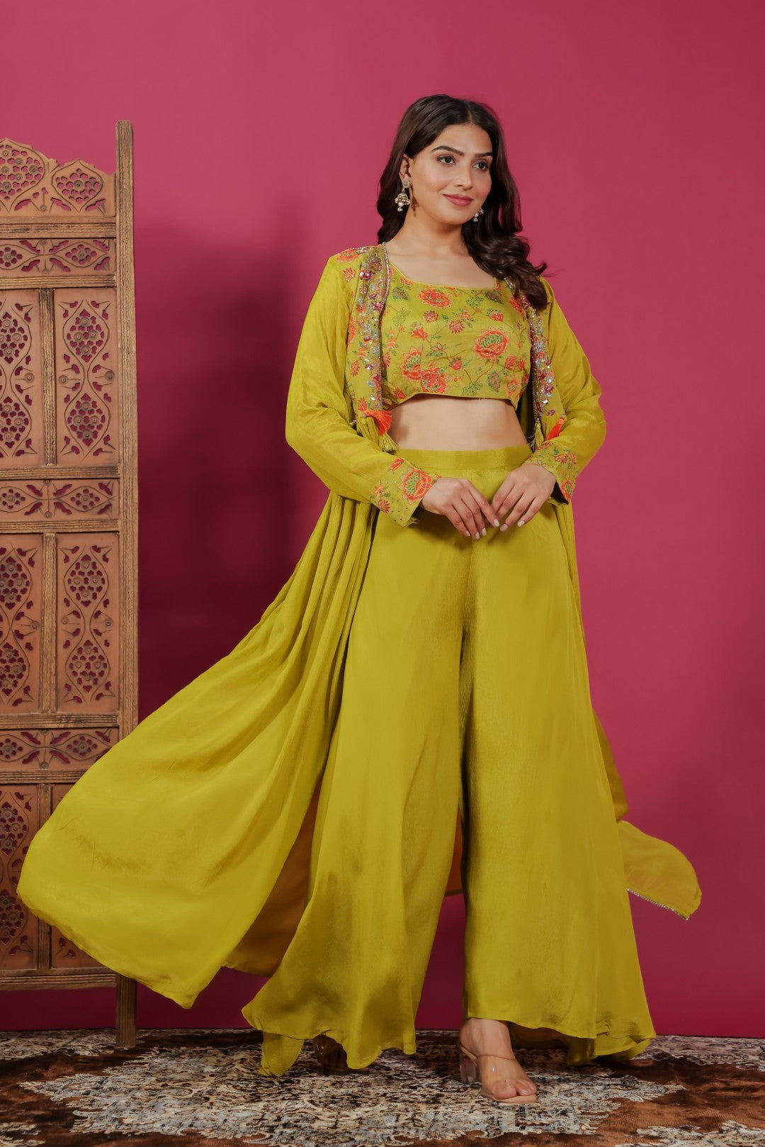 Mehendi Green Chinon Silk Printed Blouse, Sharara & Handwork Shrug