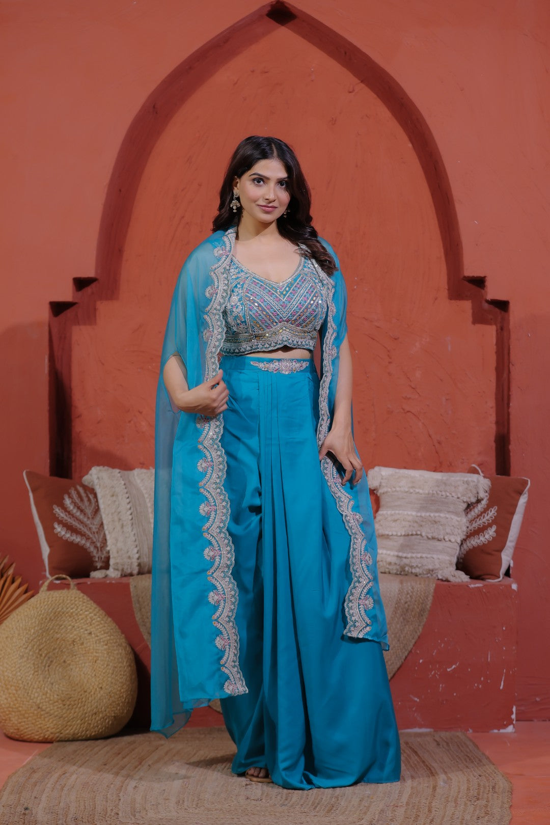 Rama Green Crepe Silk Blouse with Hand & Thread Work, Sharara & Shrug