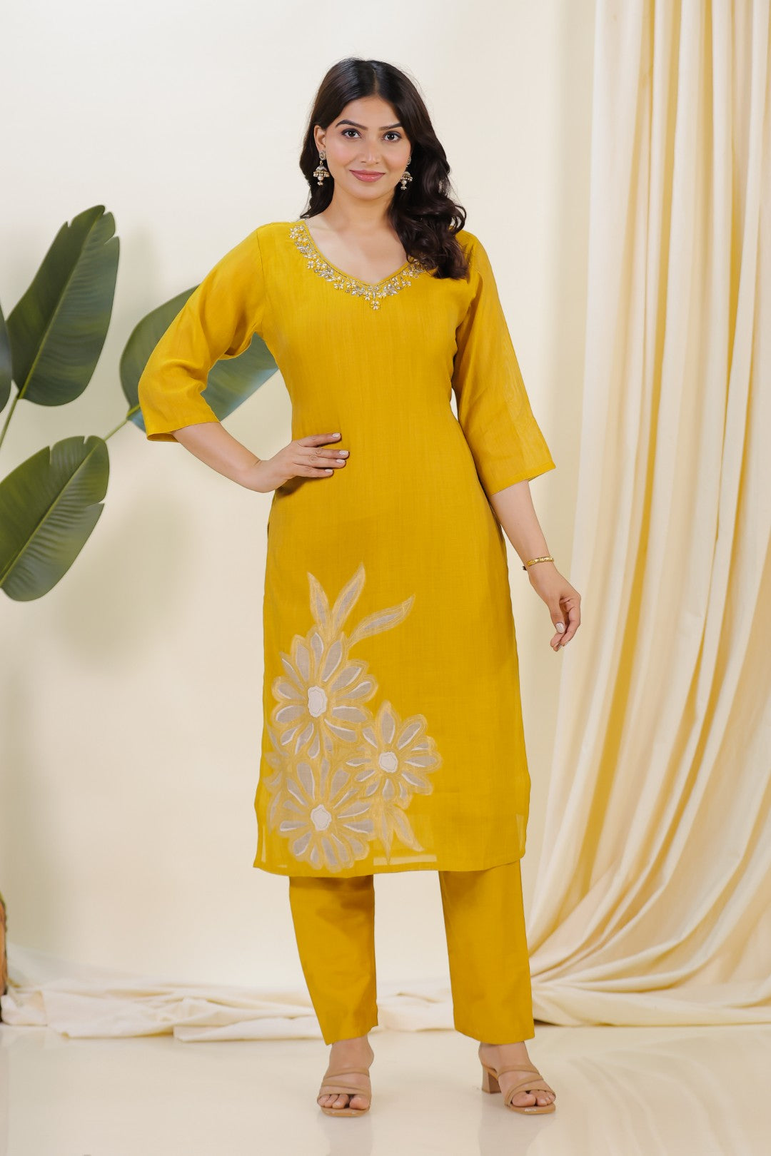 Yellow Chanderi Silk Suit with Banarasi Floral Print, Bottom & Dupatta