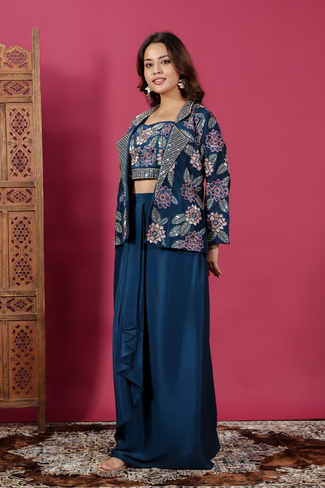 Dark Teal Blue Chinon Silk Blouse with Thread & Sequence Work, Jacket & Dhoti