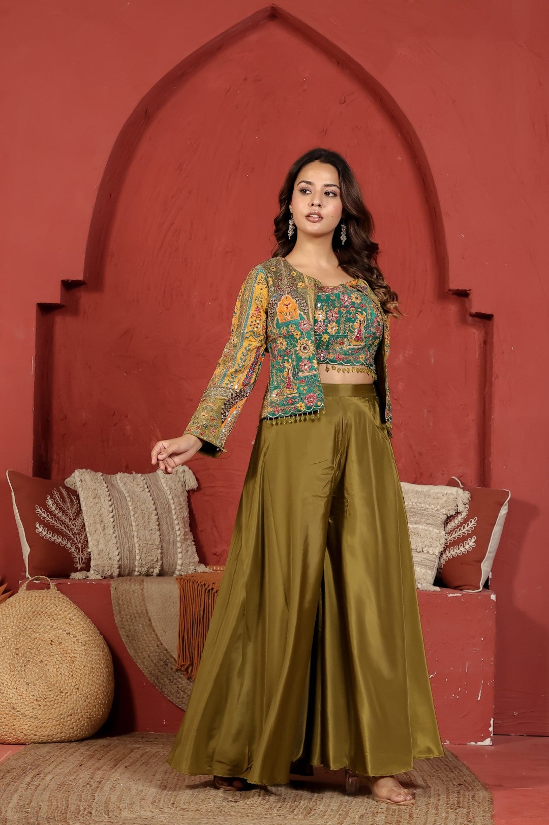 Mehendi Green Crepe Silk with Rajwadi Print & Zari Work Blouse and Jacket