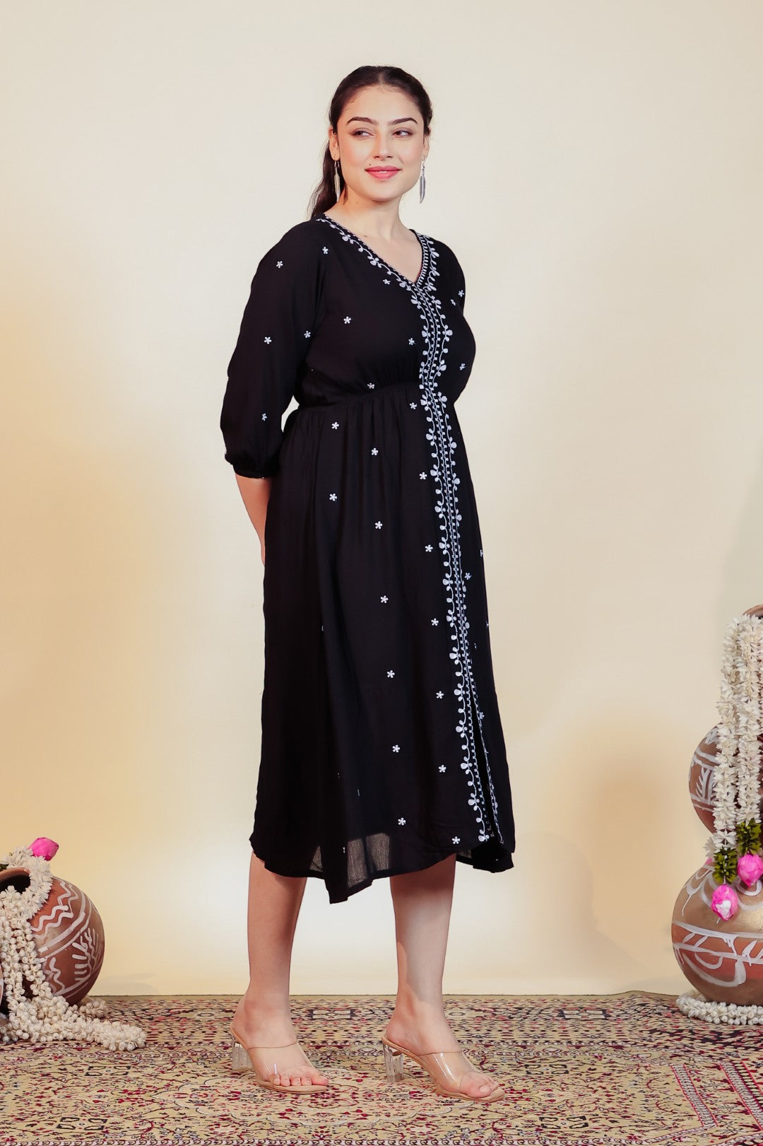 Black Rayon with White Thread Work Midi Dress