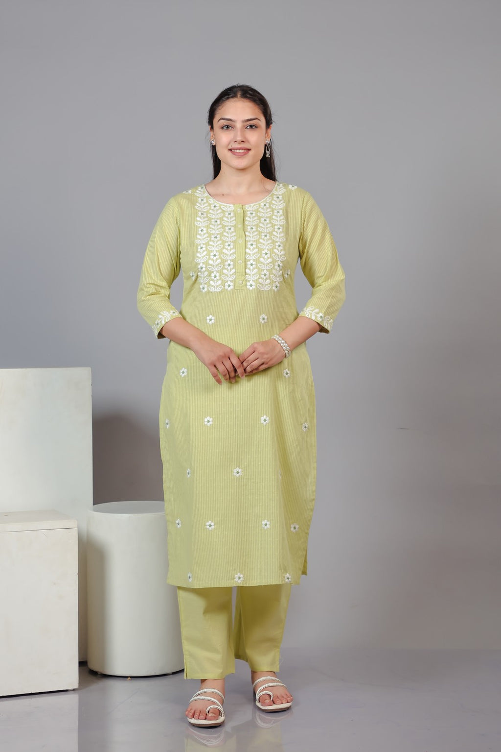 Light Green Cotton Suit with Fine Thread Work, Bottom & Dupatta