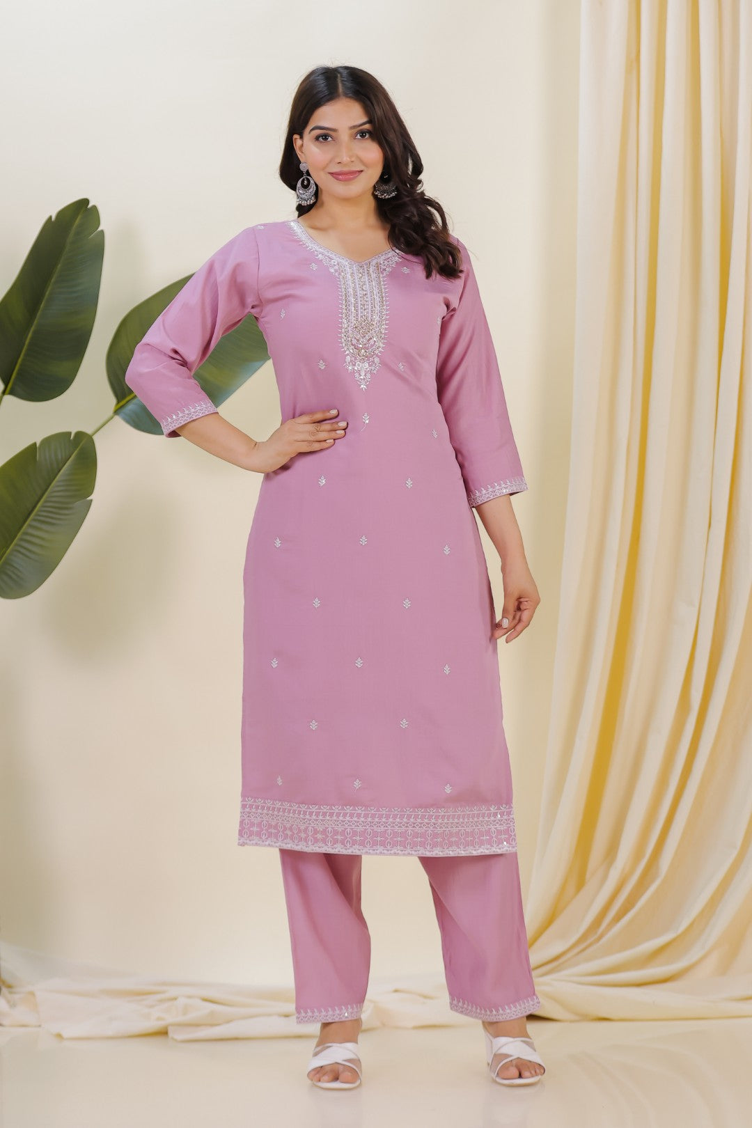 Pink Muslin Suit with Thread Work, Straight Pant & Dupatta
