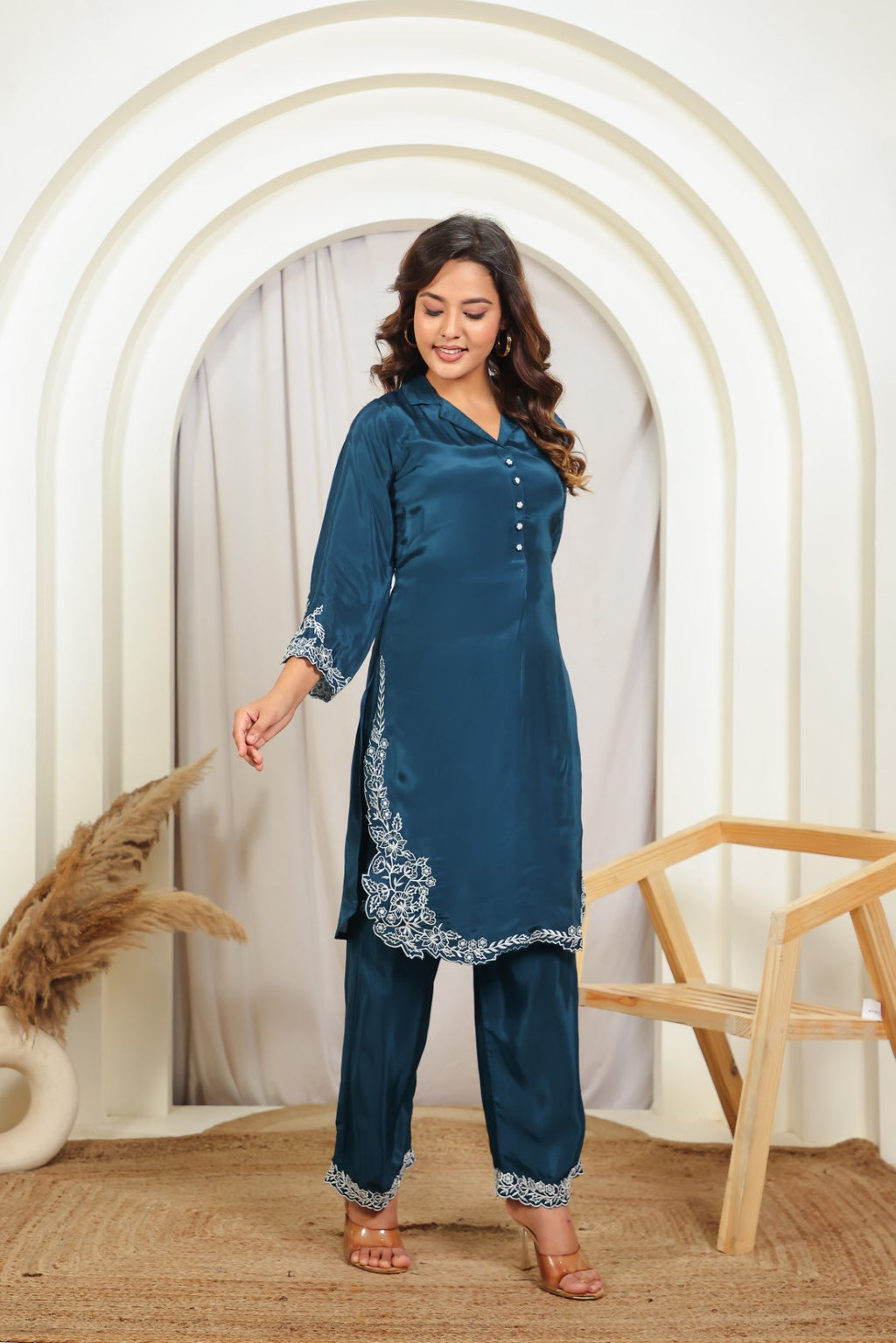 Diesel Blue Crepe Silk with White Thread Work Co-ord Set