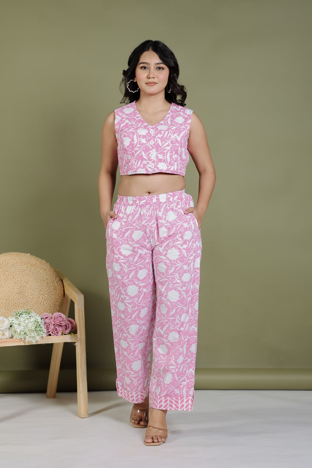 Pink Cambric Cotton Jacket Shrug with White Prints, and Paired with Matching Blouse & Pant