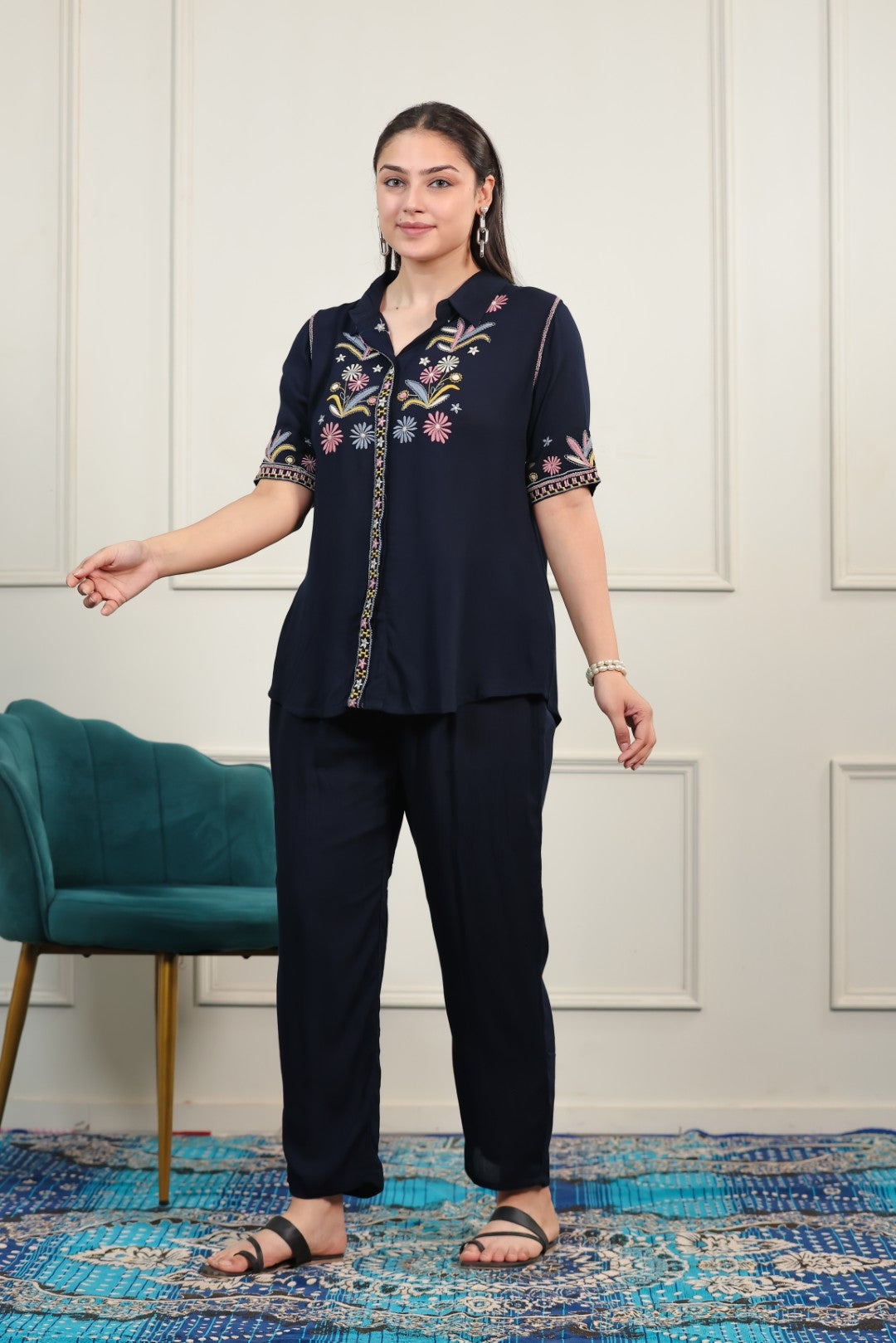 Navy Blue Rayon with Thread Work Co-ord Set