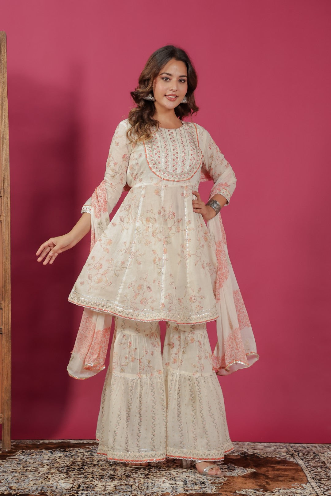 Off White Mulmul Cotton Foil Printed Suit, Sharara & Dupatta