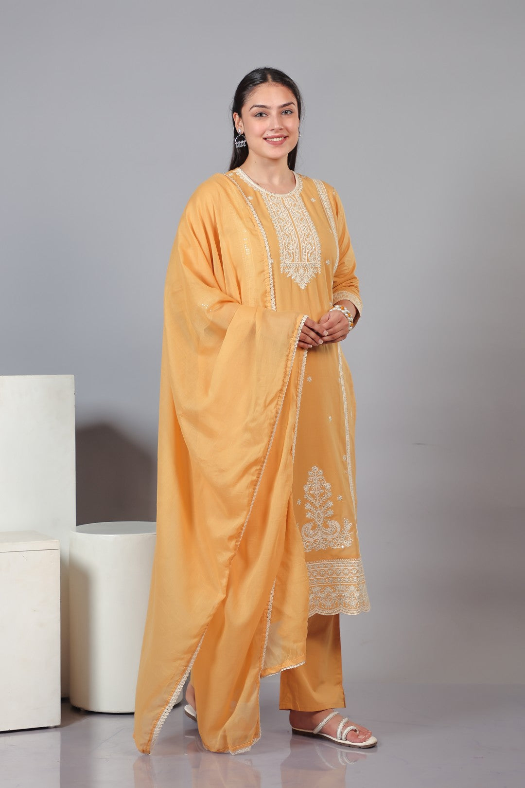 Mustard Brown Cotton Suit with Fine Thread Work, Bottom & Dupatta