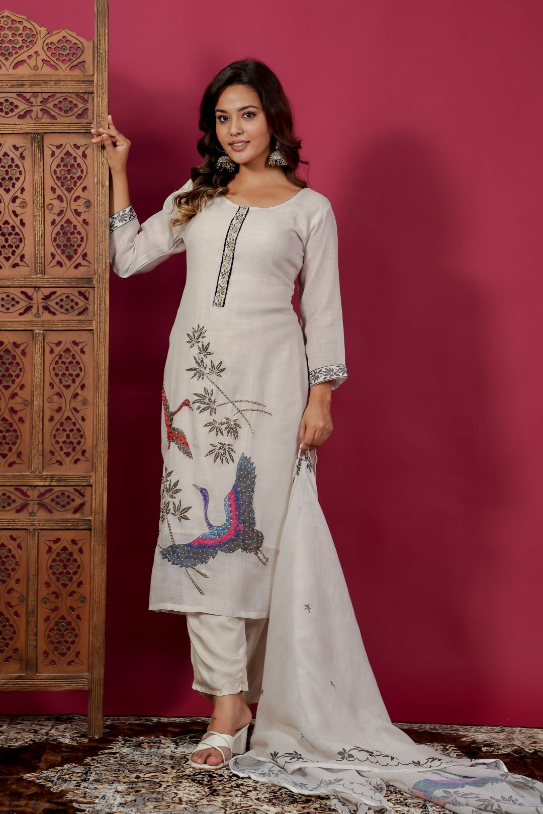 Off White Jute Linen Suit with Duck Print & Lucknavi Work, Bottom & Dupatta