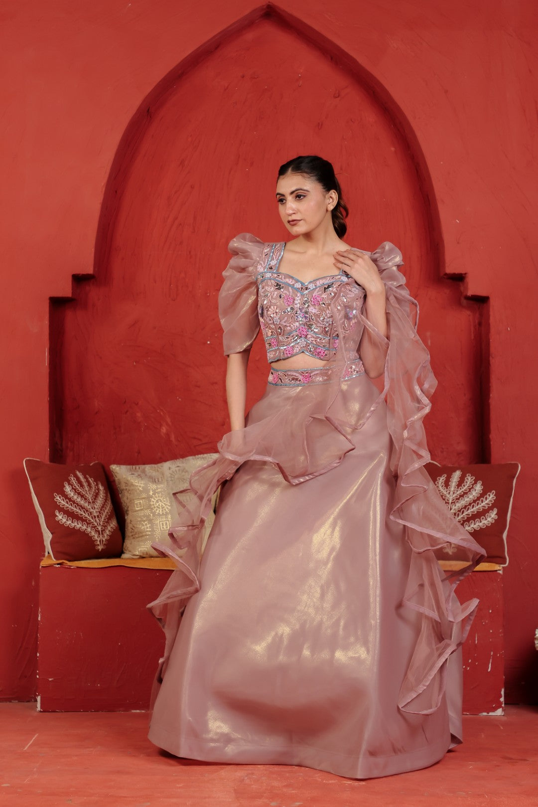 Light Brown Net Lehenga with Handwork Blouse & Dupatta