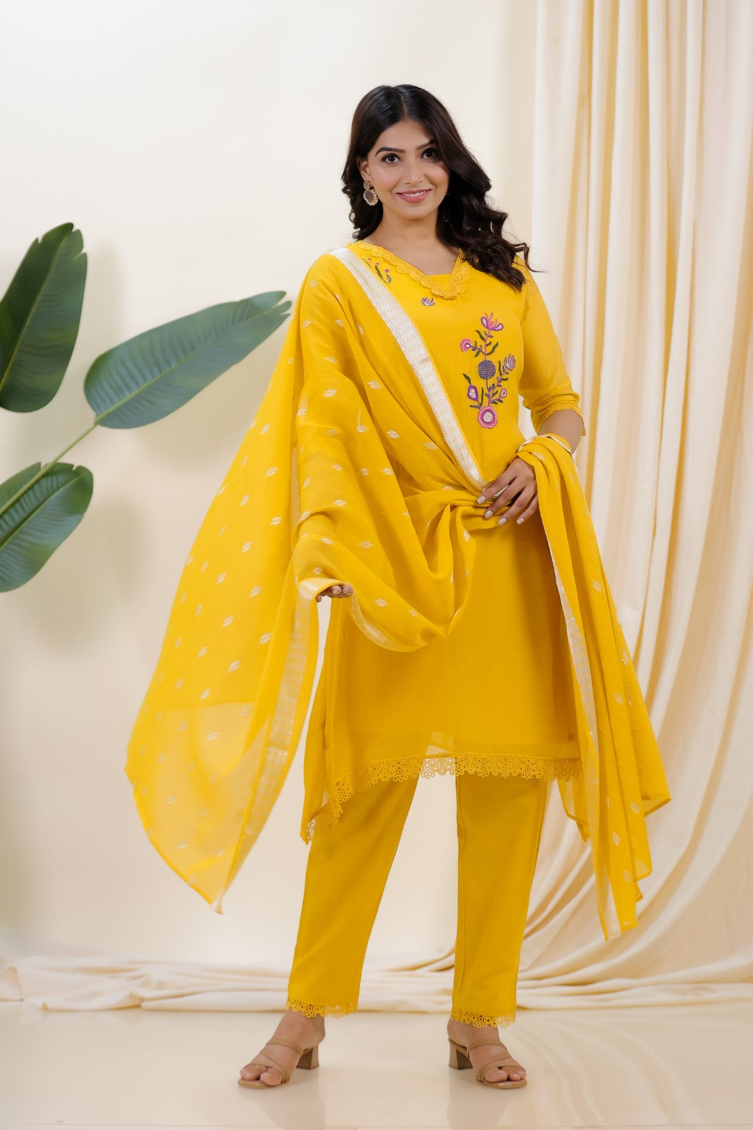 Yellow Mosh Chanderi Suit with Kashmiri Work, Pant & Dupatta