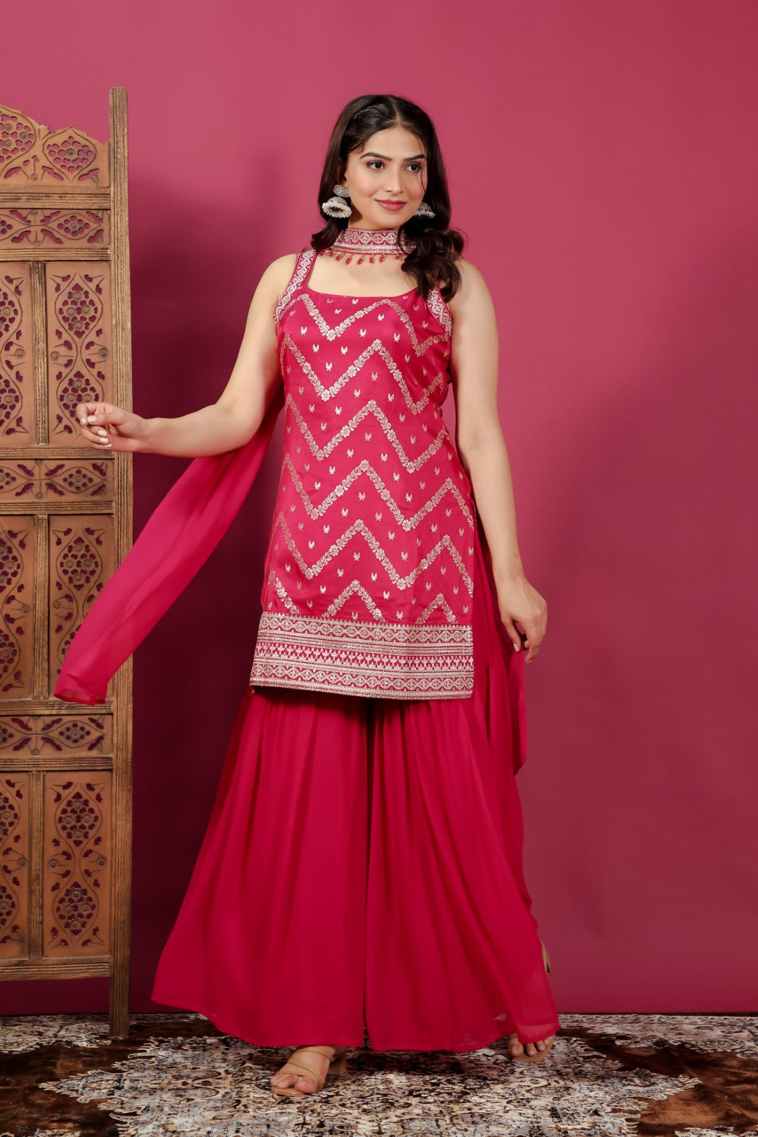 Rani Pink Ho Silk Banarasi Top with Zari Work, Sharara & Dupatta