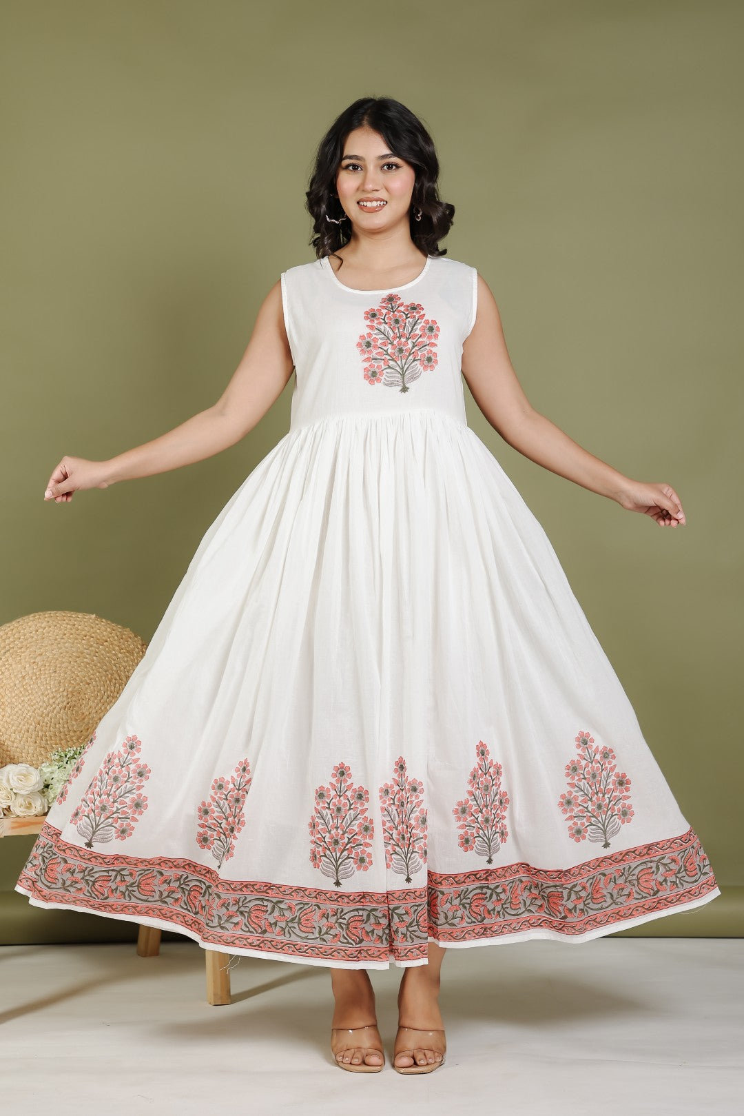 Offwhite Mulmul Cotton Suit with Hand Block Sanganeri Print and Rust Grey Hand Block Sanganeri Printed Jacket