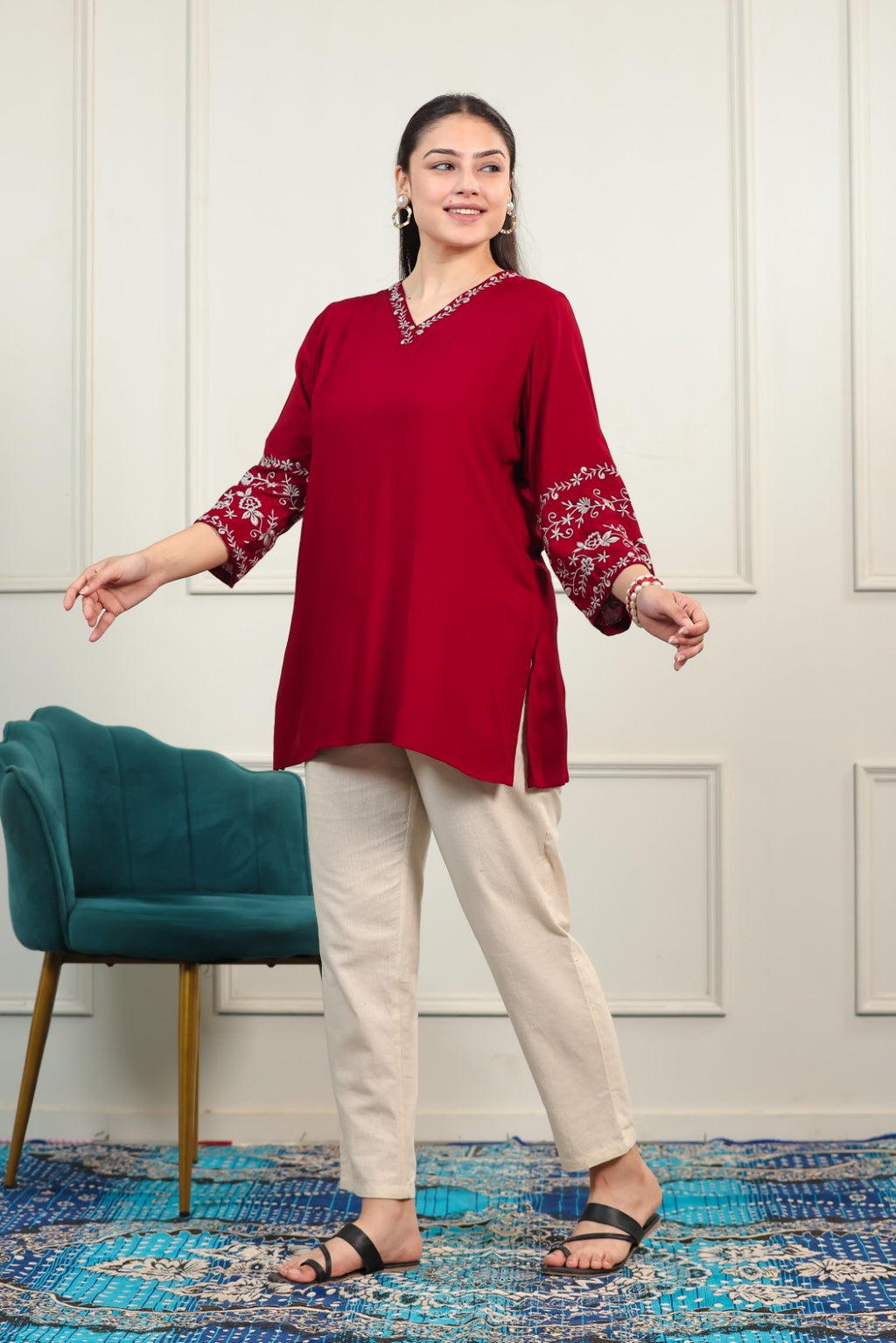 Maroon Rayon Thread Embroidered Short Kurti