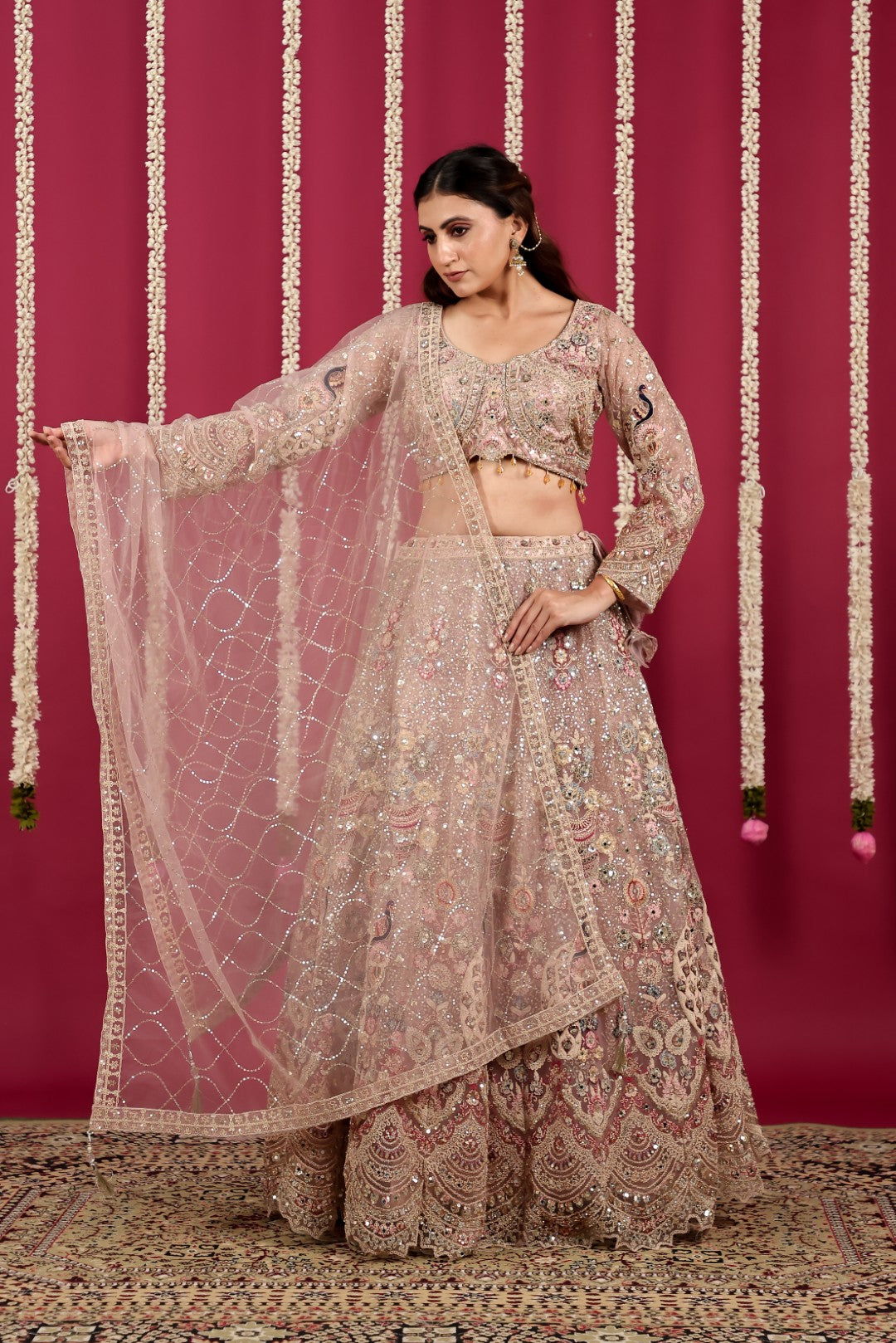 Pink Net Lehenga with Heavy Embroidery and Matching Blouse & Dupatta