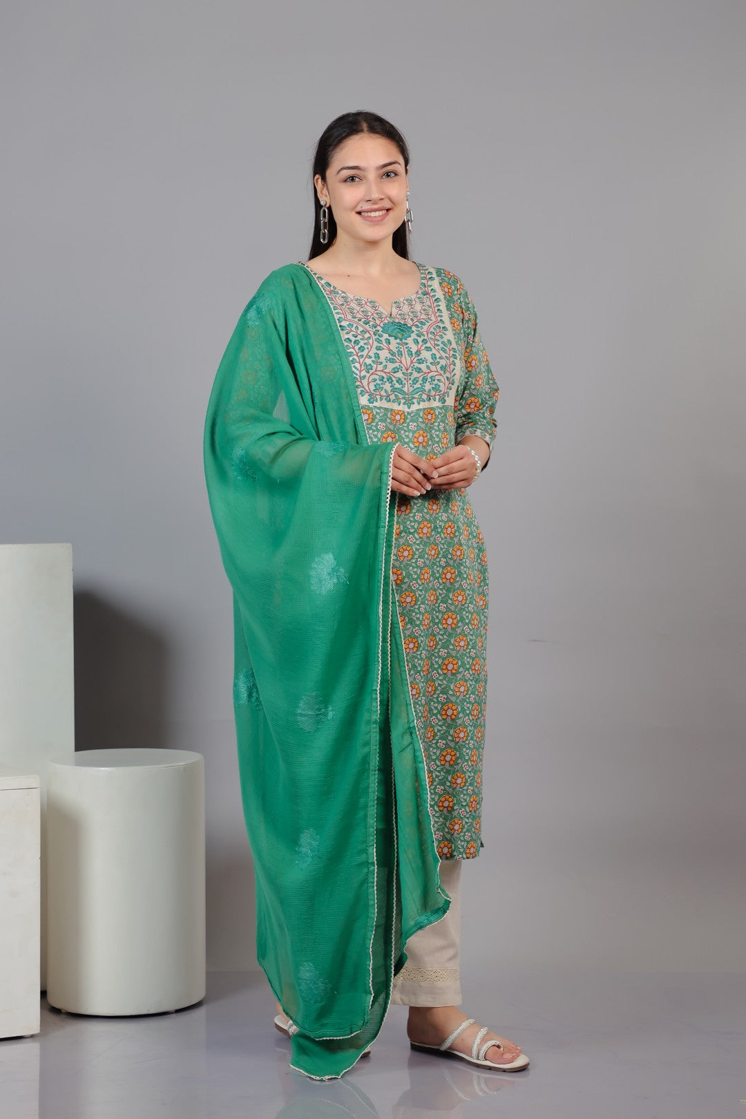 Green Cotton Printed Suit with Thread, Bottom & Dupatta