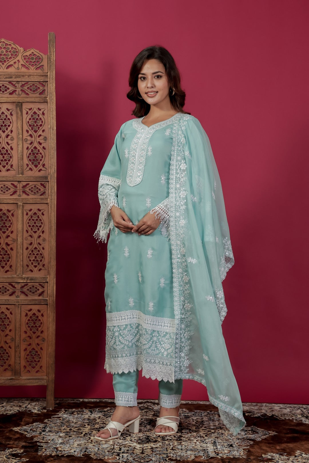 Sky Blue Organza Suit with Thread Work, Bottom & Dupatta