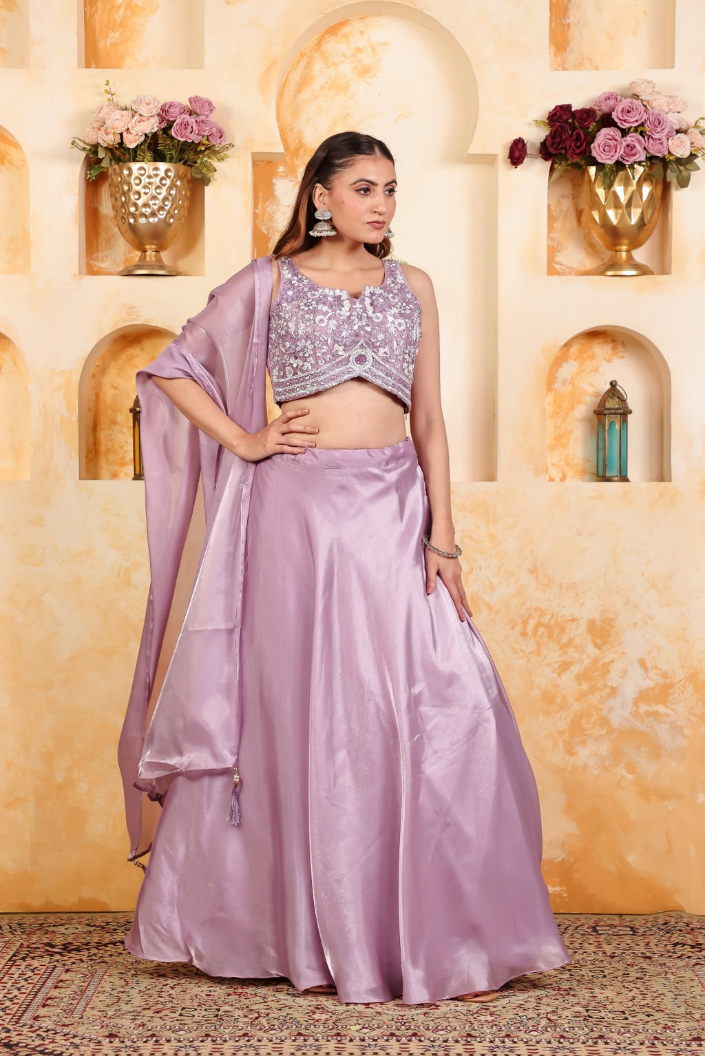 Lavender Jimmy Choo Lehenga with Piping Handwork Blouse & Dupatta