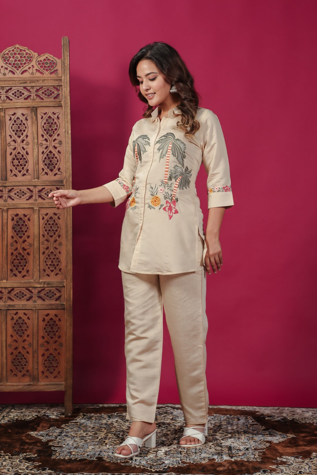 Beige Muslin Silk with Tree & Floral Thread Work Co-ord Set